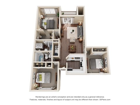 Floor plan for 3 beds, 2 baths, 1126 sqft